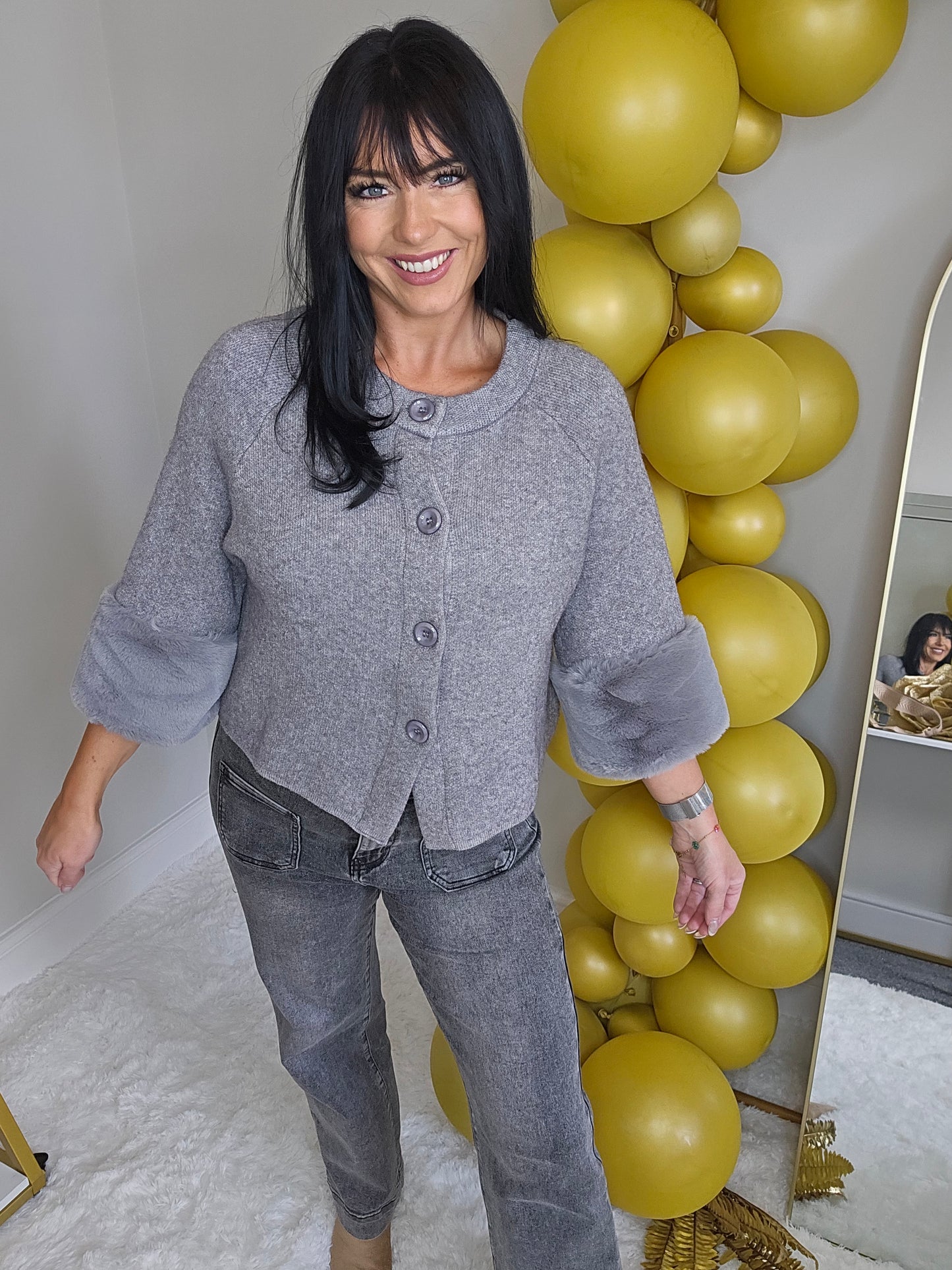 Oslo Faux Fur Sleeve Cardigans - (One Size, fits up to Size 16) Grey