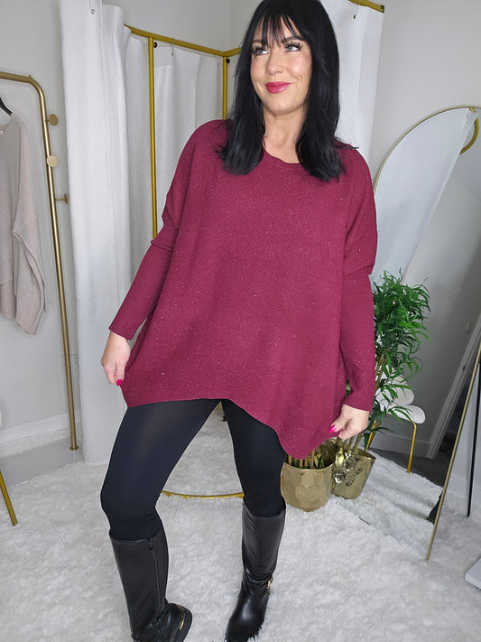Simone Subtle Sparkle Hi Lo Jumper - Wine - (One Size/Curvy, fits from Size 12/14 up to Size 18)
