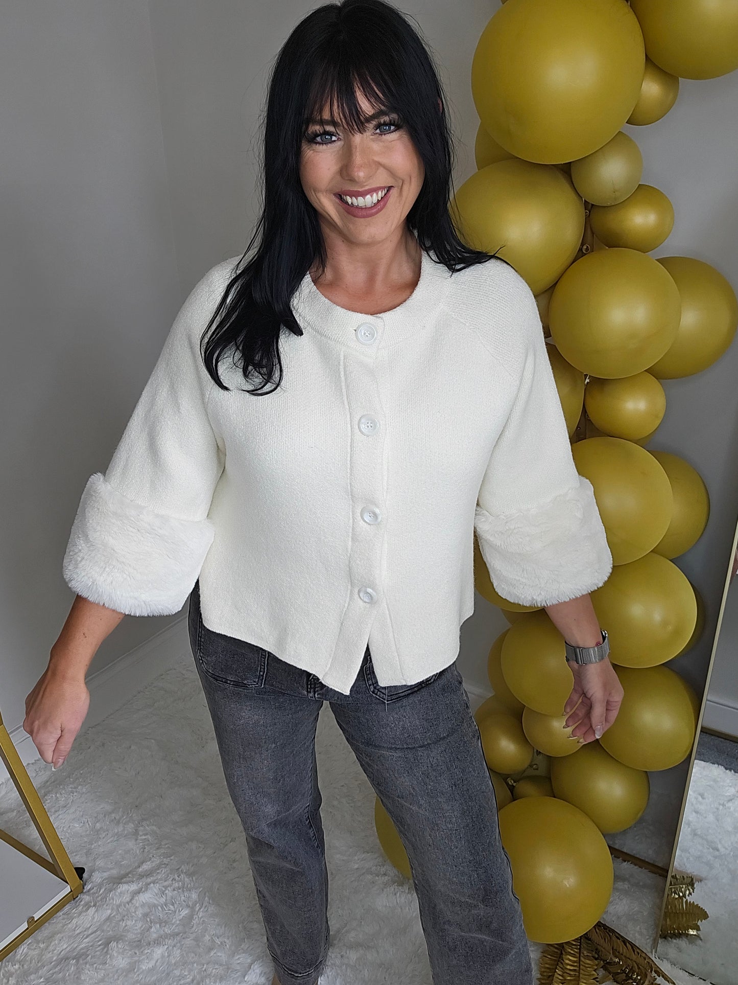 Oslo Faux Fur Sleeve Cardigans - (One Size, fits up to Size 16) Cream
