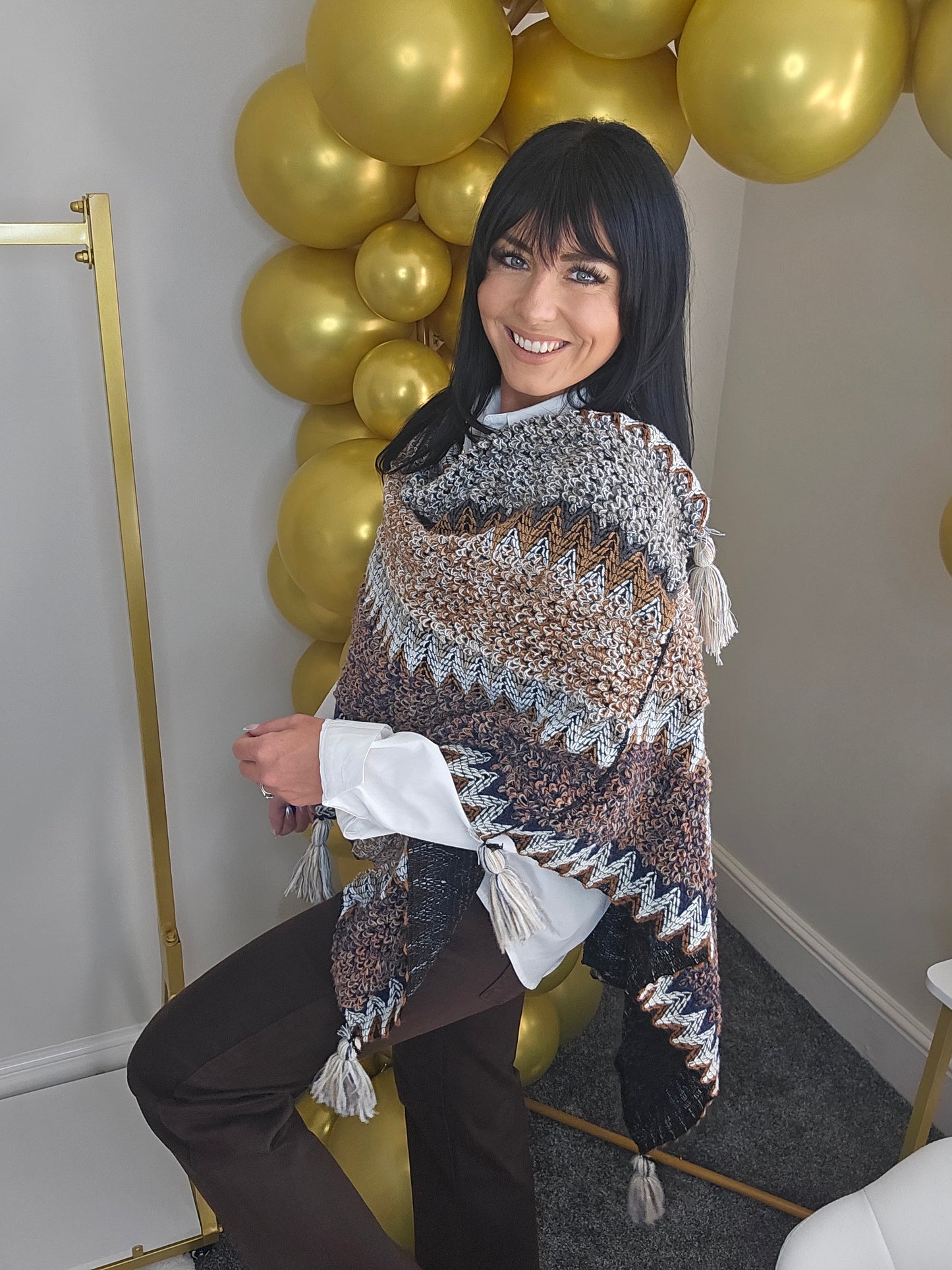 Aztec Poncho with Tassels - Chocolate Multi