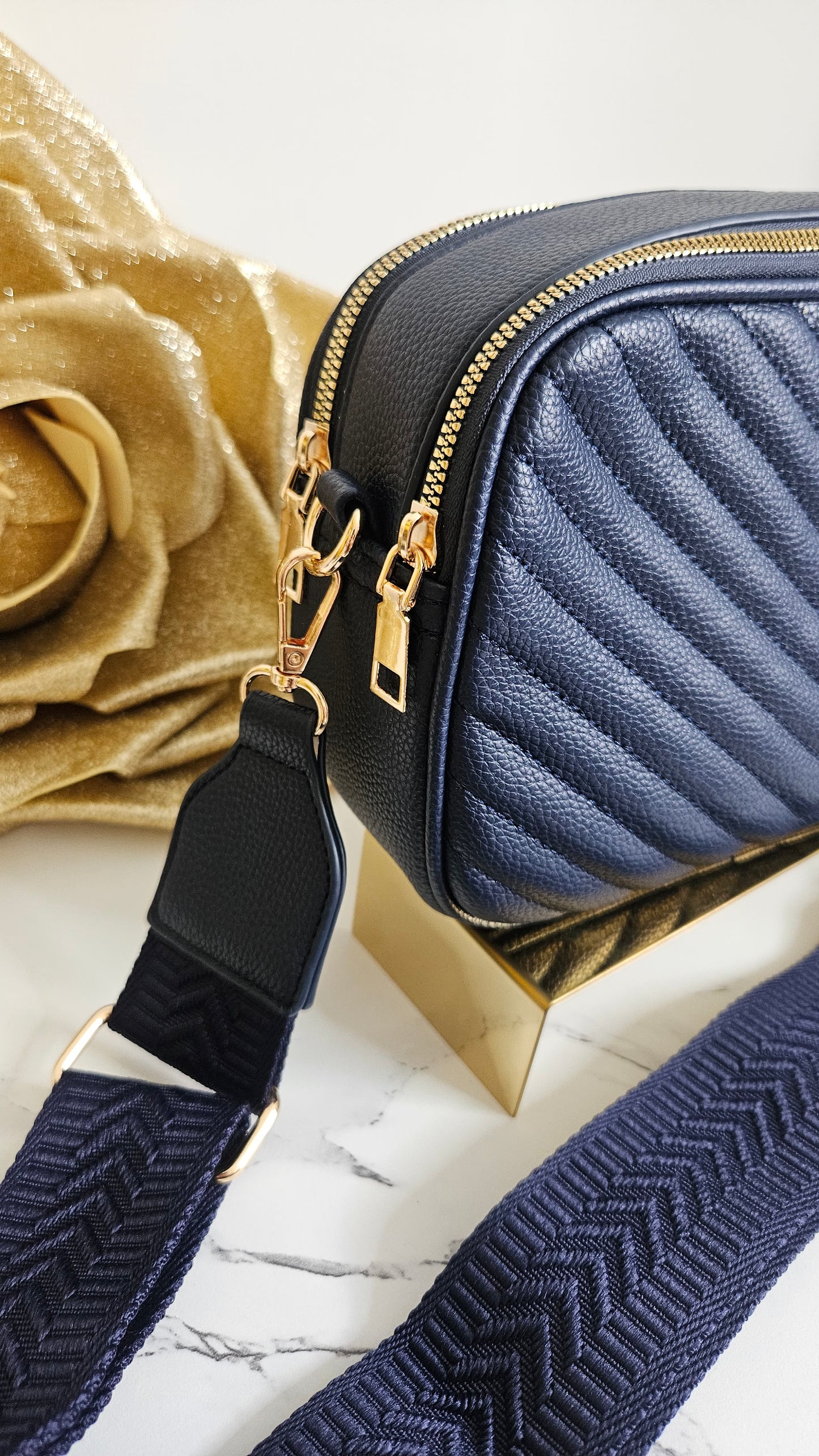 Charlotte Quilted Bag - Navy (Gold Tone)