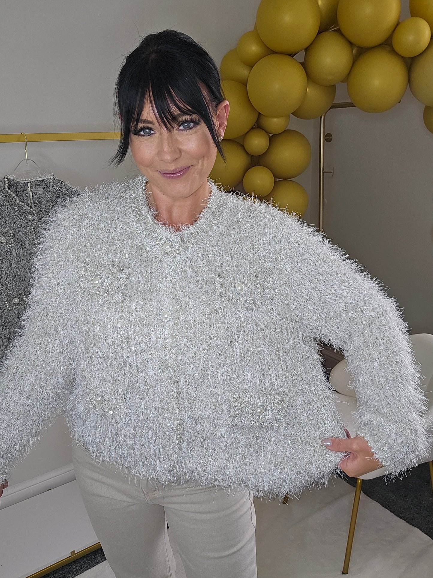 Paula Pearl & Crystal Eyelash Cardigan - (One Size fits up to Size 18) - Champagne/Silver