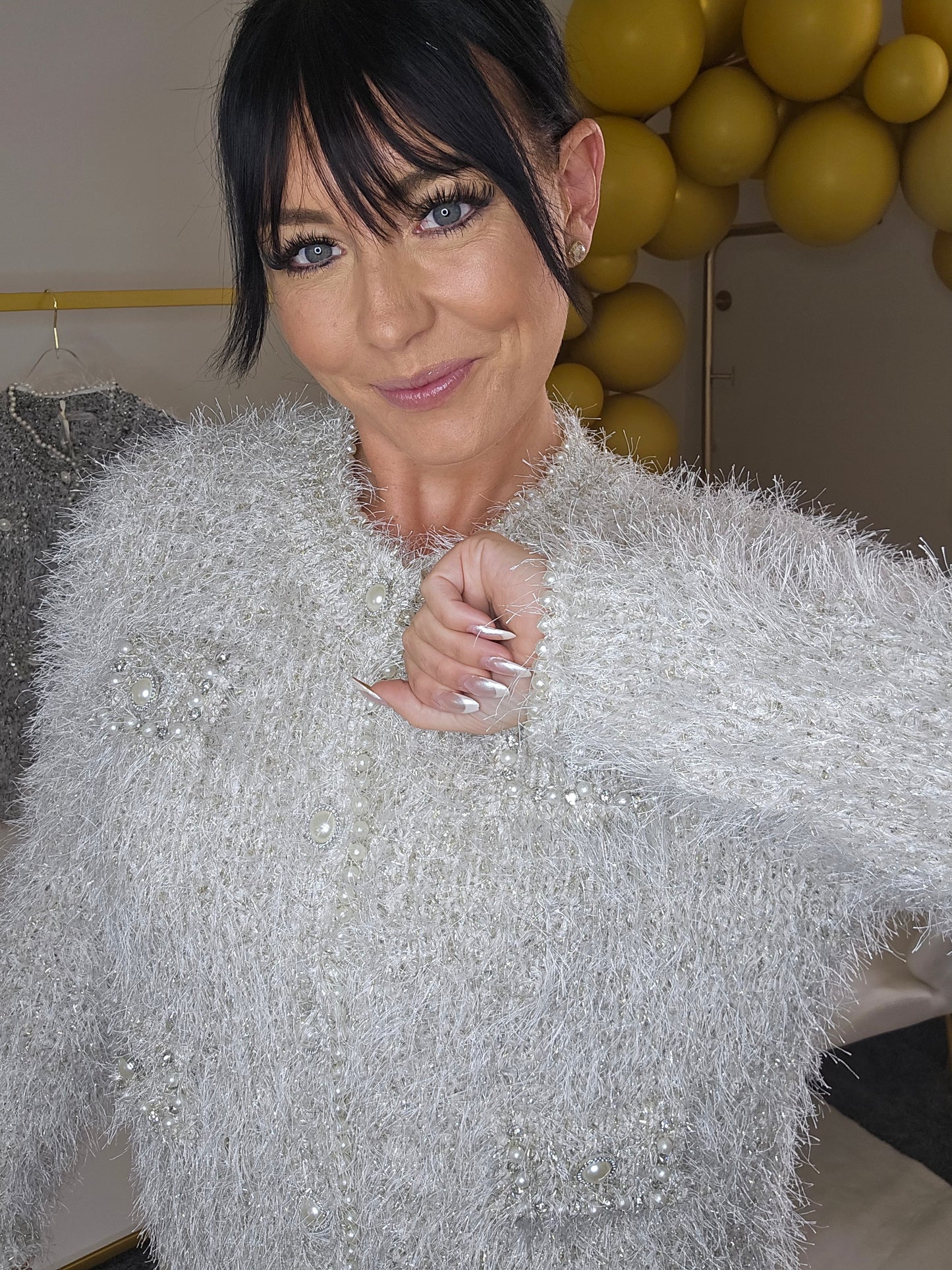Paula Pearl & Crystal Eyelash Cardigan - (One Size fits up to Size 18) - Champagne/Silver