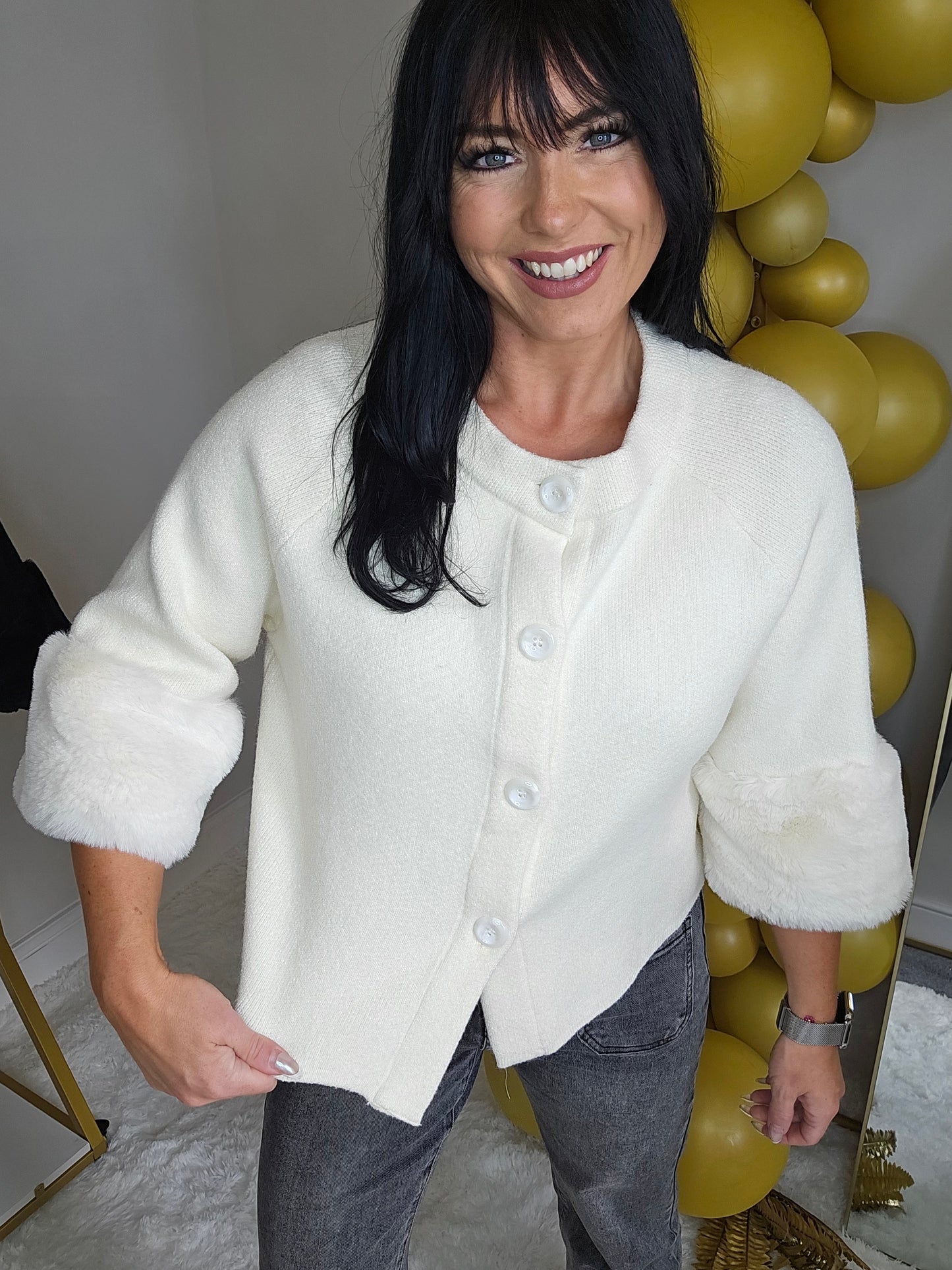 Oslo Faux Fur Sleeve Cardigans - (One Size, fits up to Size 16) Cream