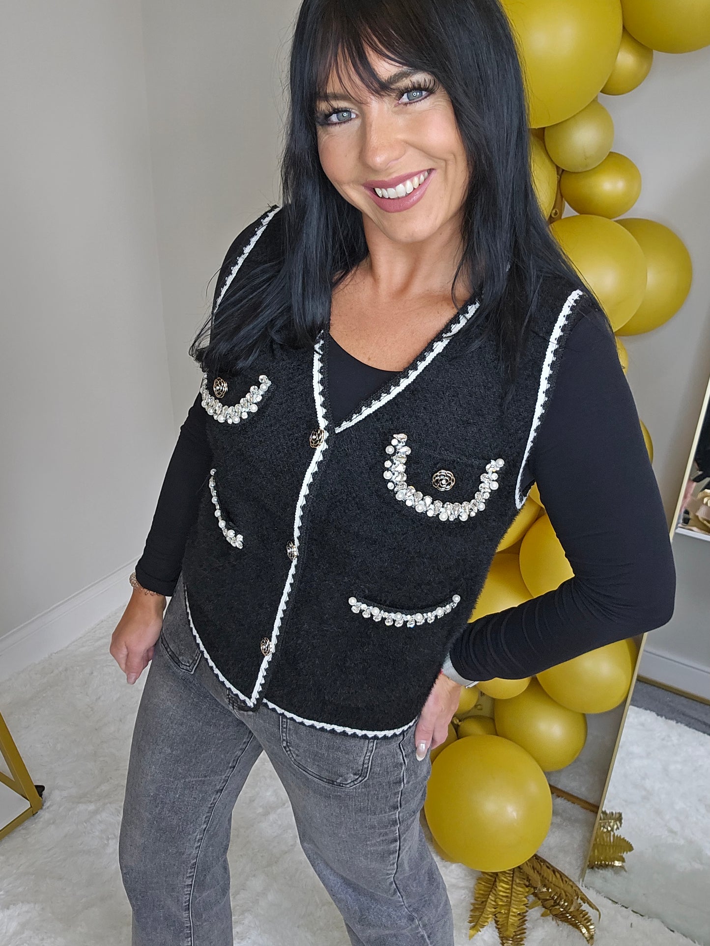 Coco Pearl & Crystals Waistcoat - (One Size, fits from Size 8/10 up to Size 14) - Black/Winter White