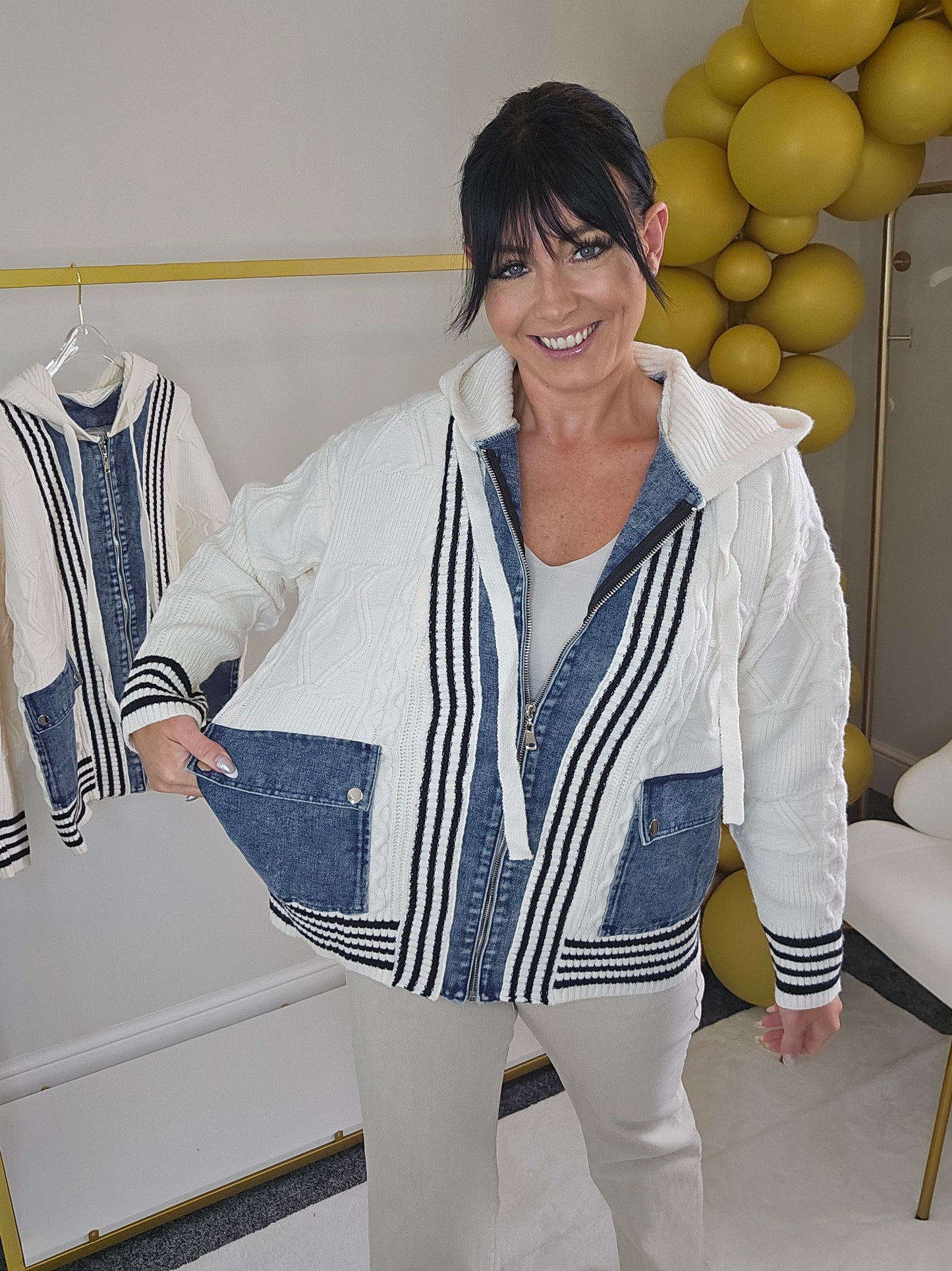 Callie Cable Hoodie with Denim - One Size - fits from Size 12 up to Size 18
