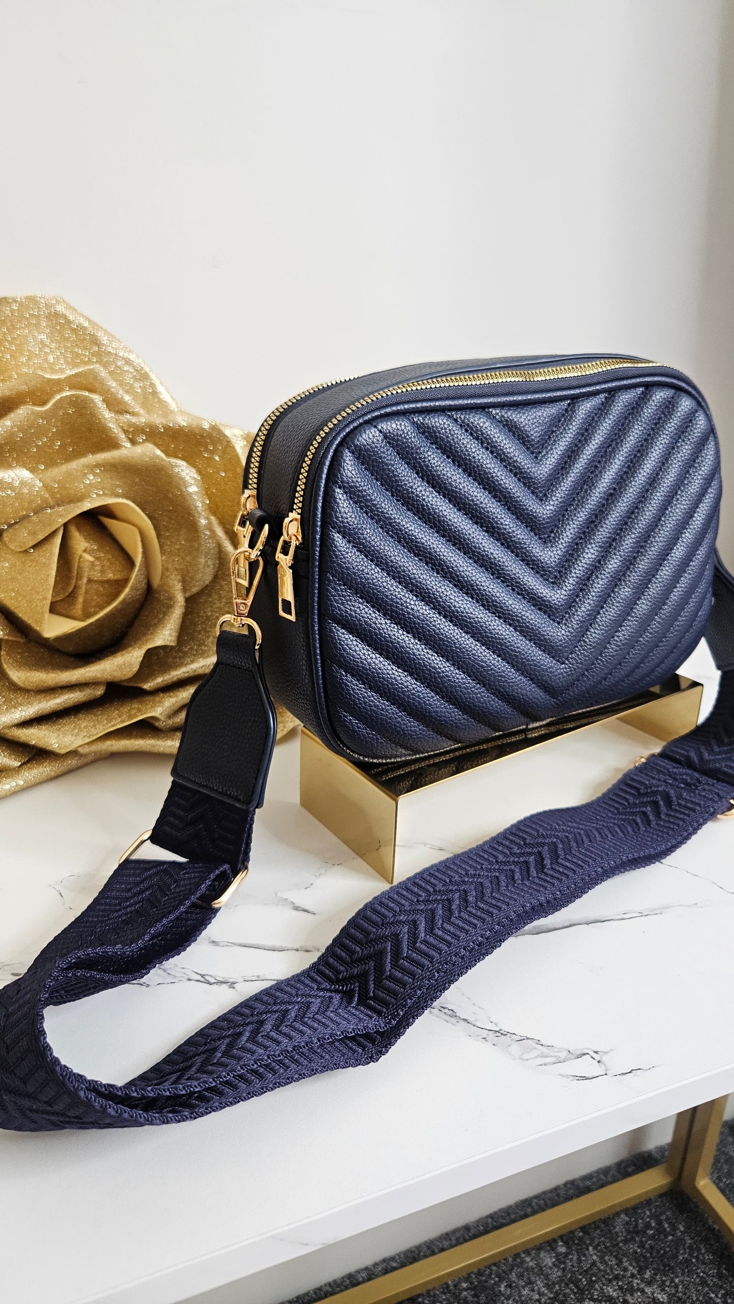 Charlotte Quilted Bag - Navy (Gold Tone)