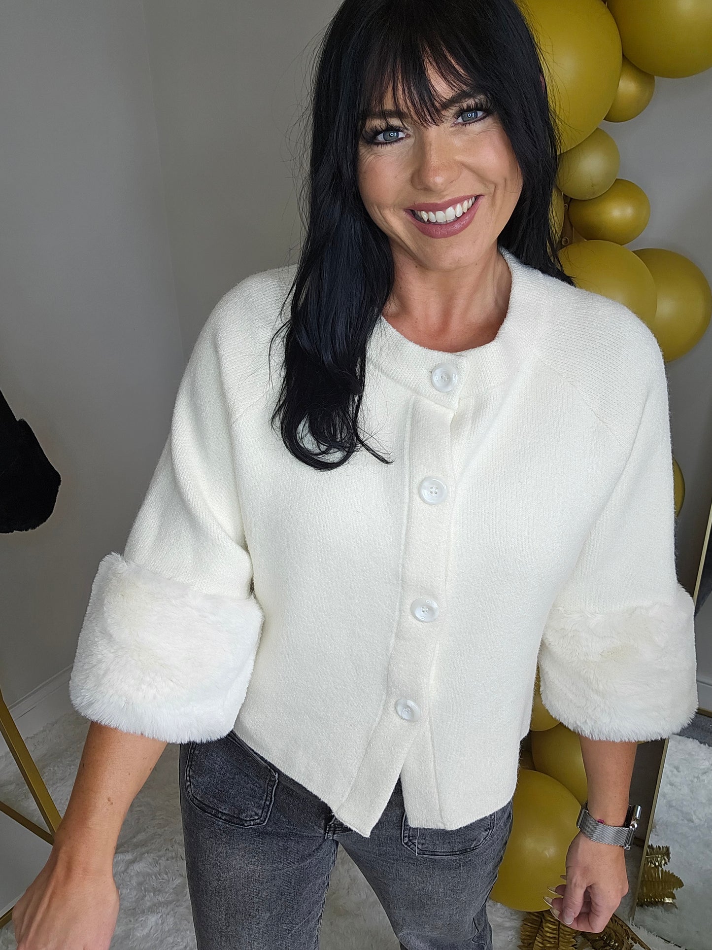 Oslo Faux Fur Sleeve Cardigans - (One Size, fits up to Size 16) Cream