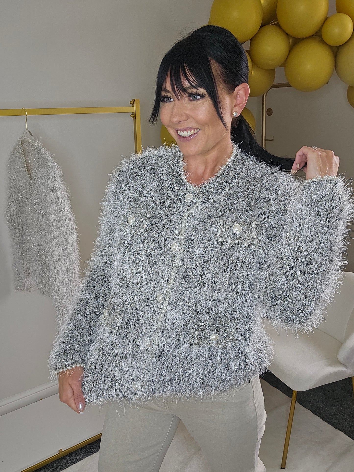 Paula Pearl & Crystal Eyelash Cardigan - (One Size fits up to Size 18) - Black/Silver