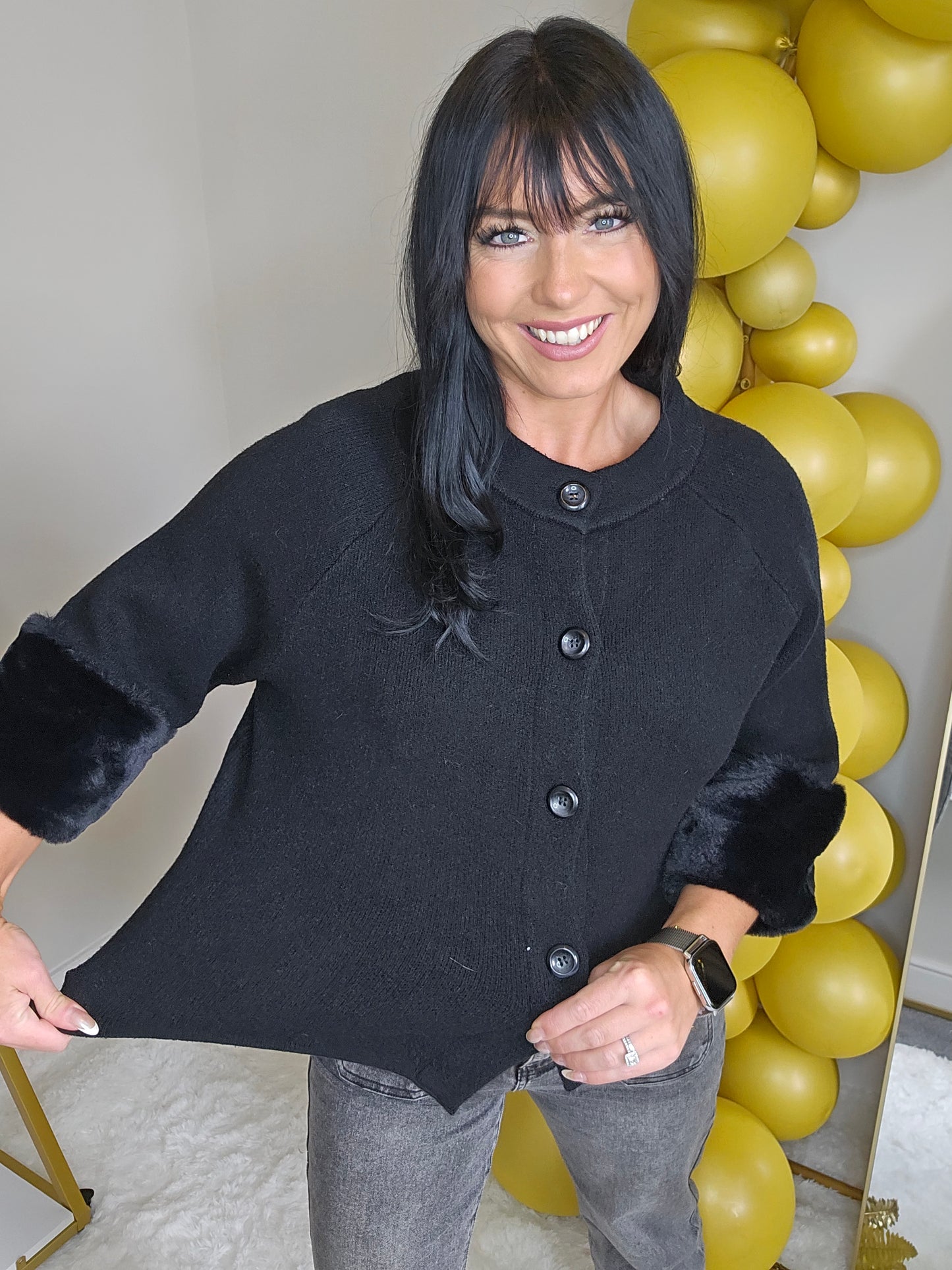 Oslo Faux Fur Sleeve Cardigans - (One Size, fits up to Size 16) Black