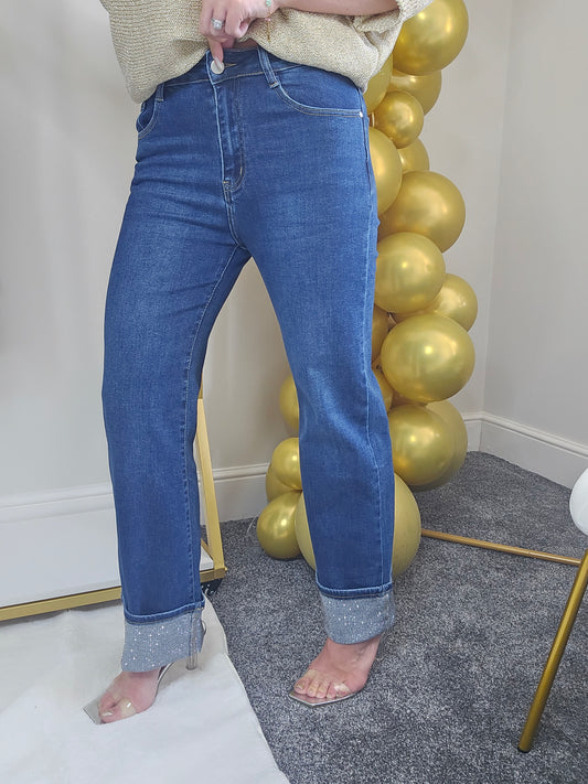 Aster Crystal Turn Up Wide Leg Jeans - (choose your Size)