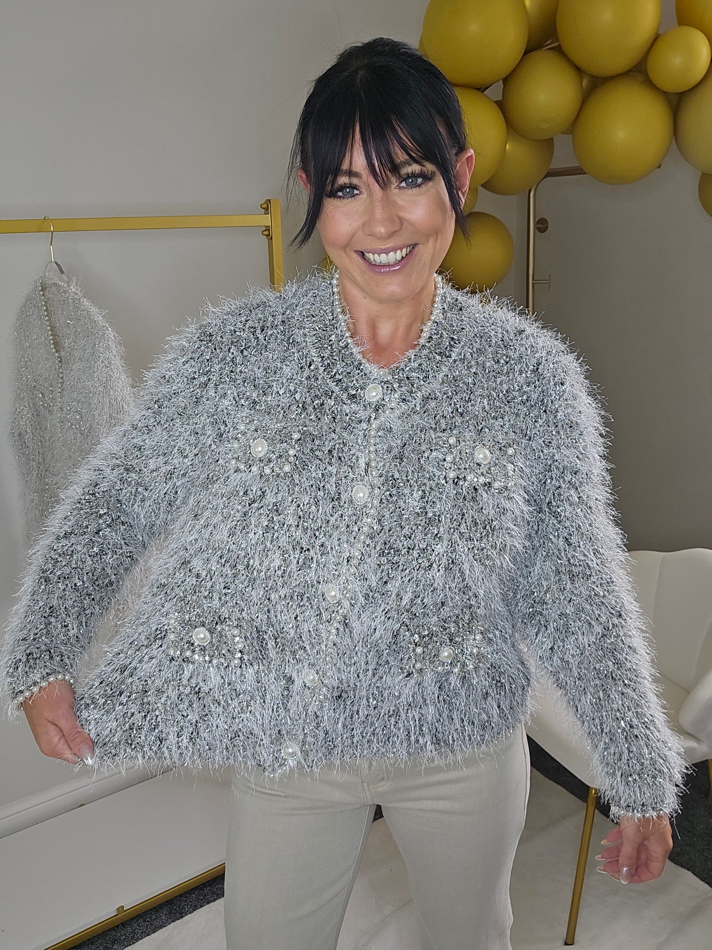 Paula Pearl & Crystal Eyelash Cardigan - (One Size fits up to Size 18) - Black/Silver