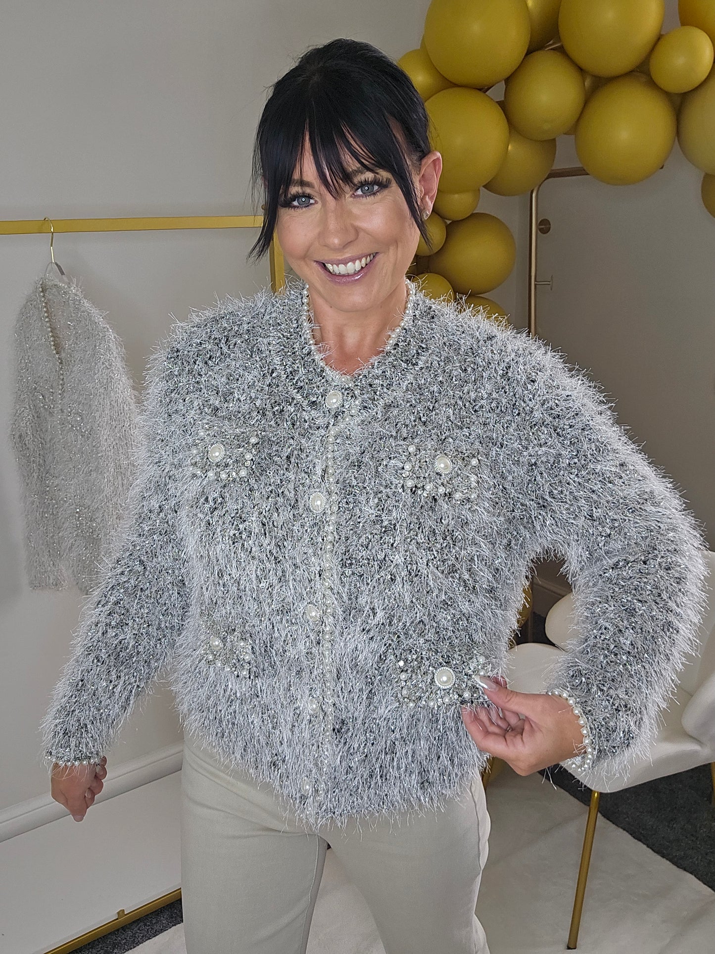 Paula Pearl & Crystal Eyelash Cardigan - (One Size fits up to Size 18) - Black/Silver