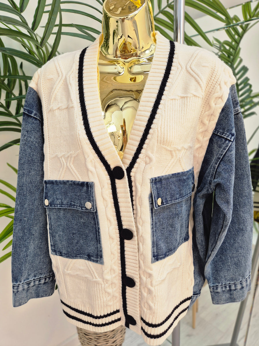 Callie Cable Cardigan with Denim - One Size - fits from Size 12 up to Size 18