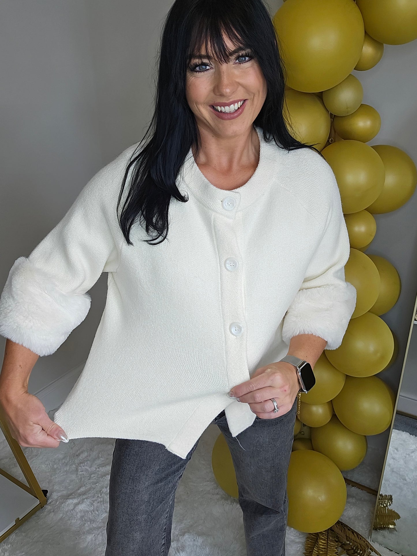 Oslo Faux Fur Sleeve Cardigans - (One Size, fits up to Size 16) Cream