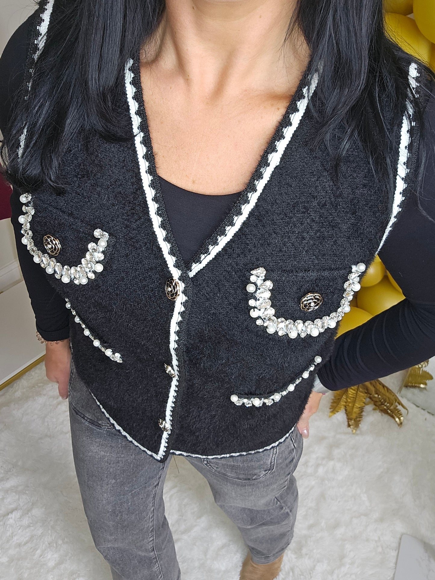 Coco Pearl & Crystals Waistcoat - (One Size, fits from Size 8/10 up to Size 14) - Black/Winter White