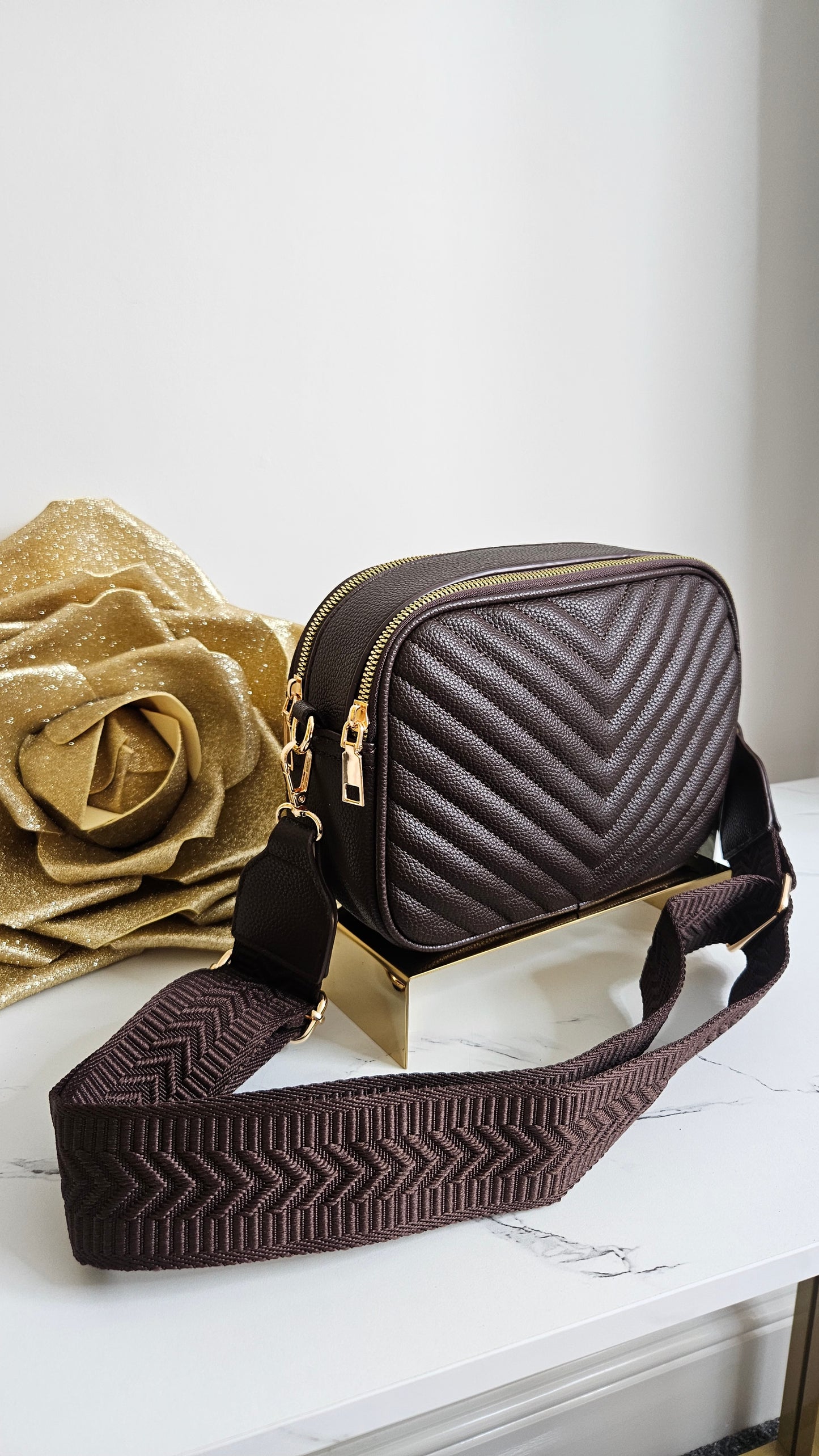 Charlotte Quilted Bag - Chocolate (Gold Tone)