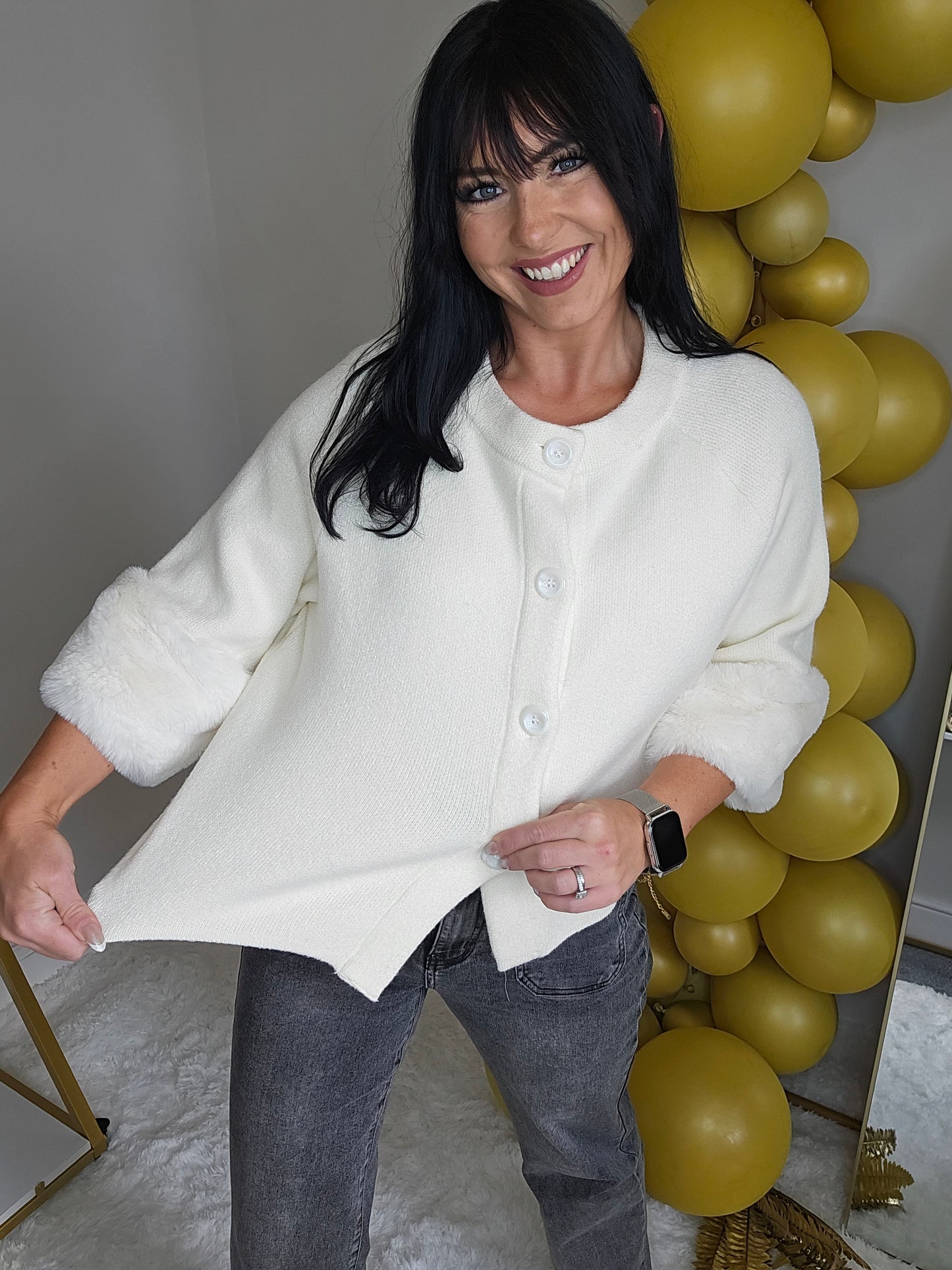 Oslo Faux Fur Sleeve Cardigans - (One Size, fits up to Size 16) Cream