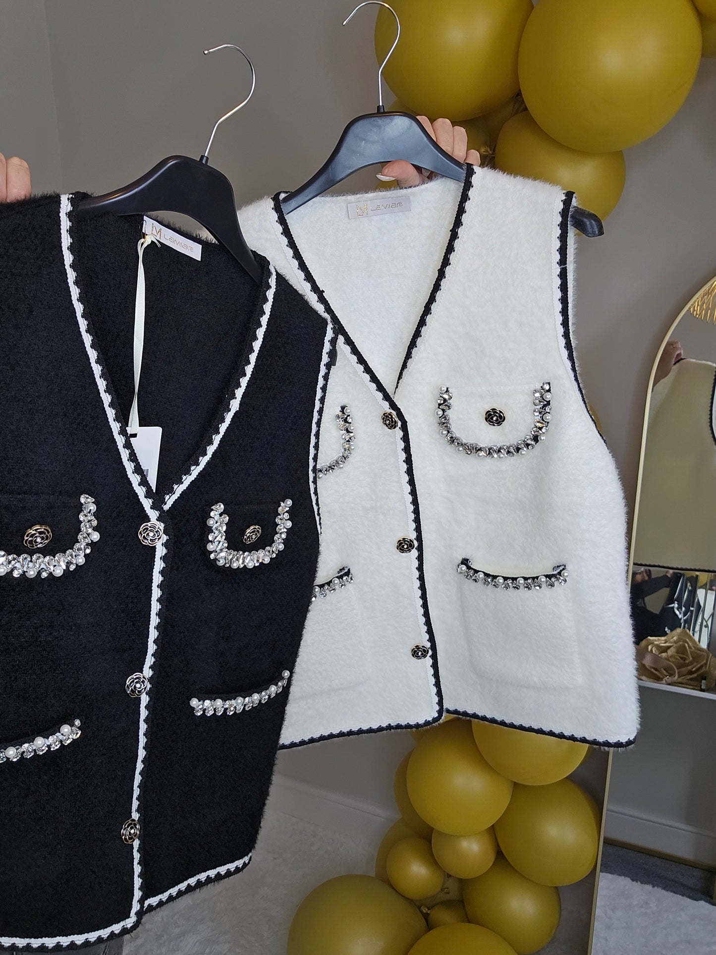 Coco Pearl & Crystals Waistcoat - (One Size, fits from Size 8/10 up to Size 14) - Winter White/Black