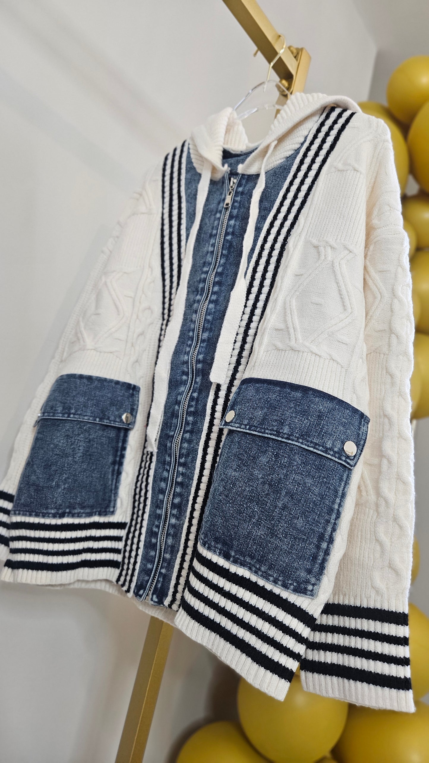 Callie Cable Hoodie with Denim - One Size - fits from Size 12 up to Size 18