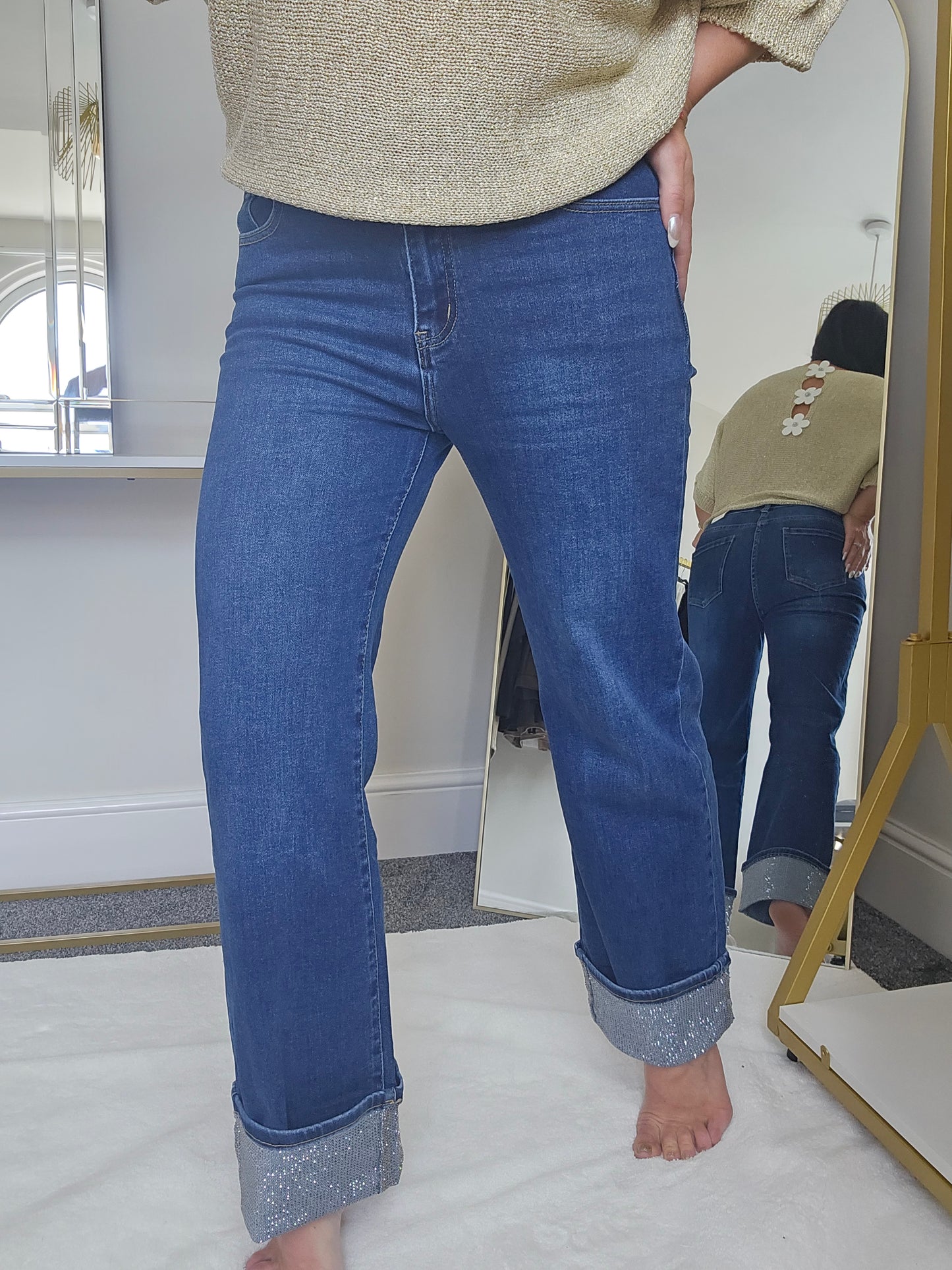 Aster Crystal Turn Up Wide Leg Jeans - (choose your Size)
