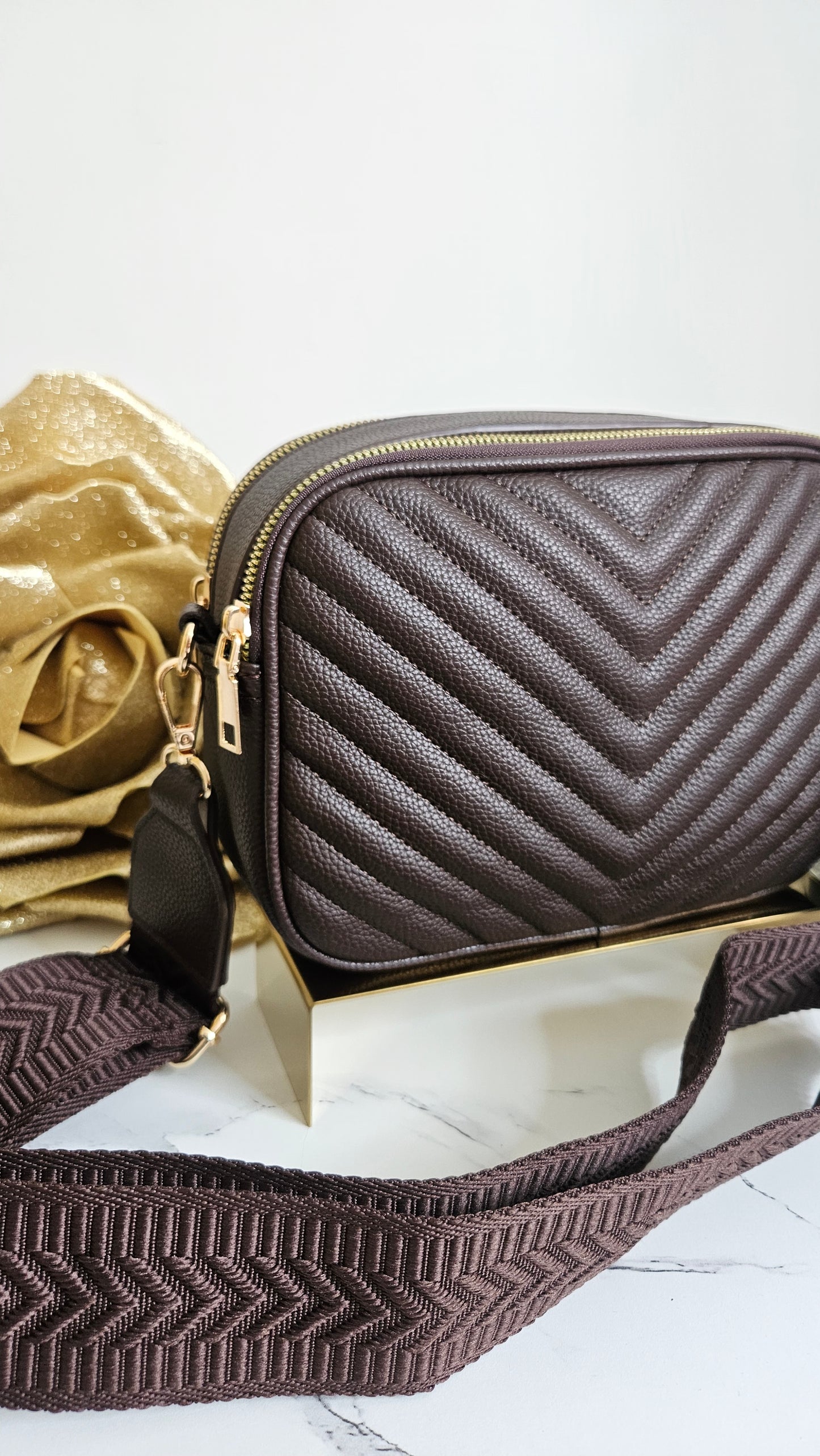Charlotte Quilted Bag - Chocolate (Gold Tone)