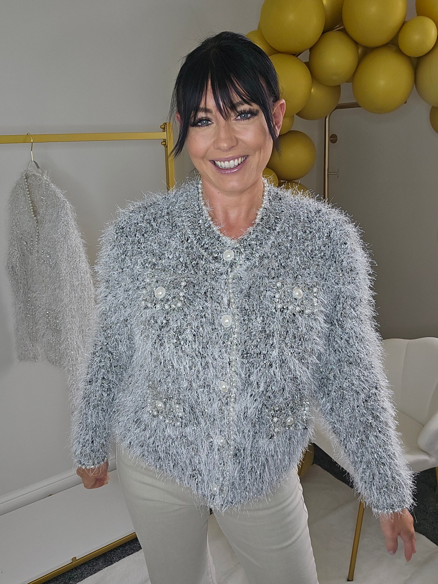 Paula Pearl & Crystal Eyelash Cardigan - (One Size fits up to Size 18) - Black/Silver