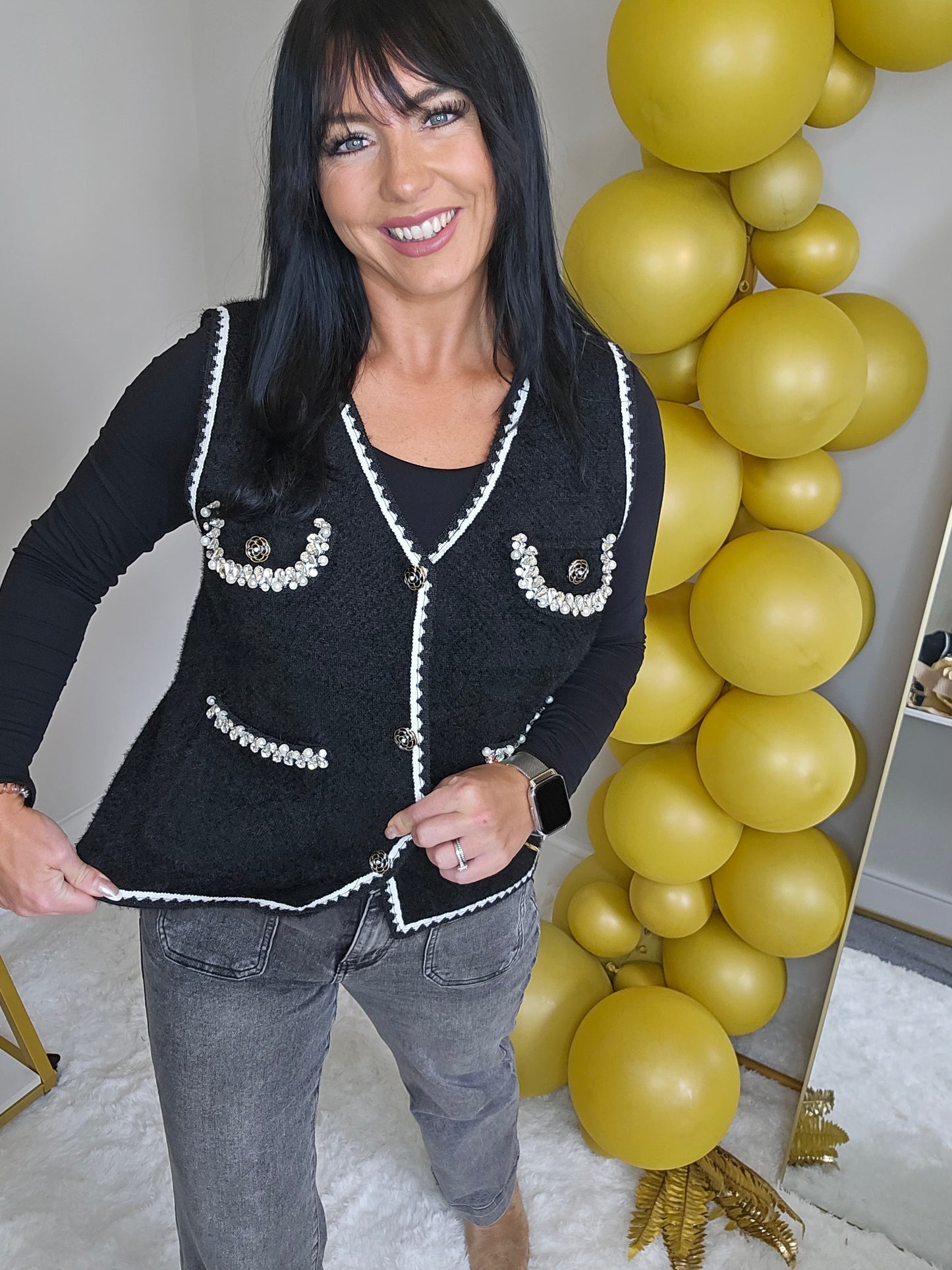 Coco Pearl & Crystals Waistcoat - (One Size, fits from Size 8/10 up to Size 14) - Black/Winter White