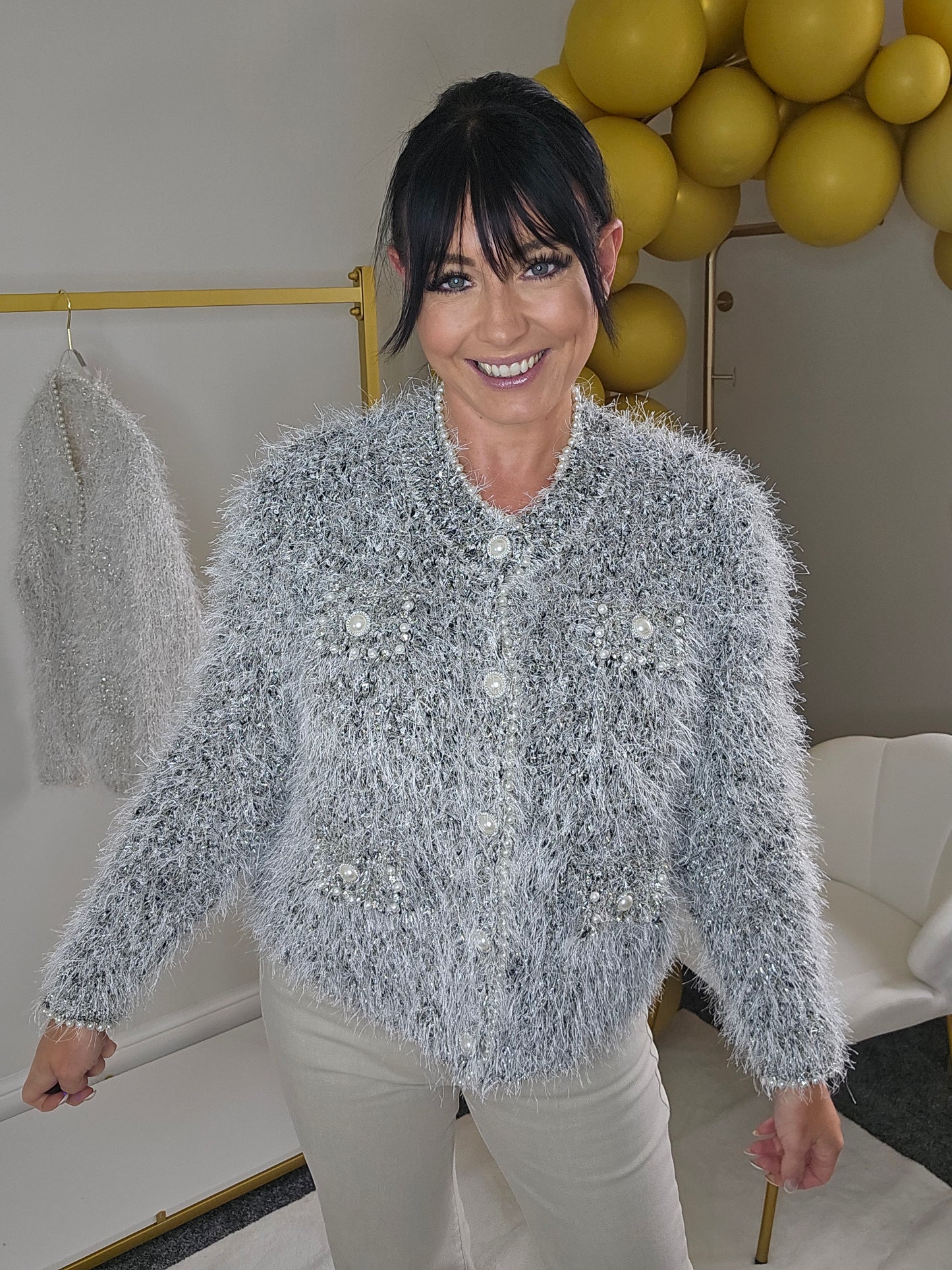 Paula Pearl & Crystal Eyelash Cardigan - (One Size fits up to Size 18) - Black/Silver