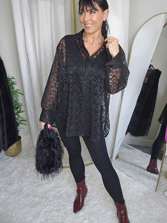 Susie Sparkle Lace Blouse - Black (One Size/Curvy, fits from Size 12/14 up to Size 18/20)