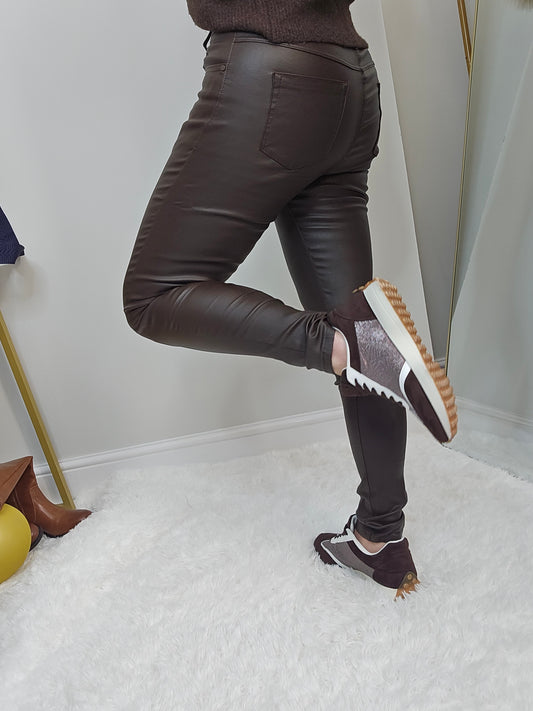 Burford PU Coated Skinny Jeans - Chocolate (G Smack) - (choose your Size)