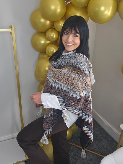 Aztec Poncho with Tassels - Chocolate Multi