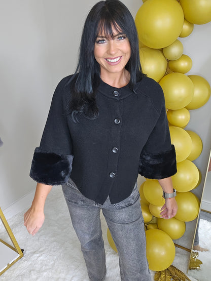 Oslo Faux Fur Sleeve Cardigans - (One Size, fits up to Size 16) Black