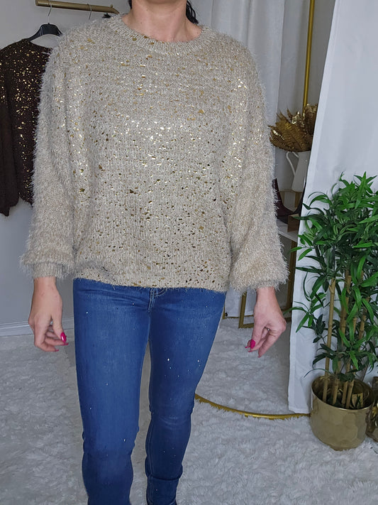 Gold Foil Sparkle Jumper - Biscuit (One Size, fits Size 10 up to Size 16)