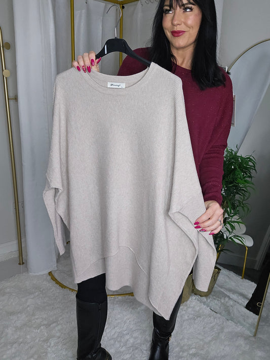 Simone Subtle Sparkle Hi Lo Jumper - Oatmeal - (One Size/Curvy, fits from Size 12/14 up to Size 18)