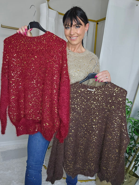 Gold Foil Sparkle Jumper - Red (One Size, fits Size 10 up to Size 16)