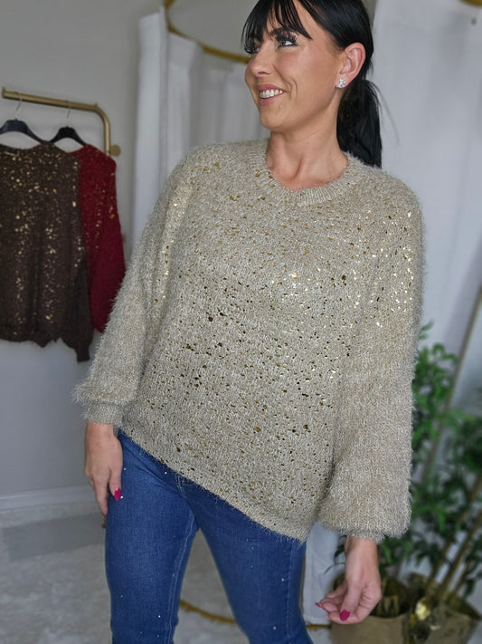 Gold Foil Sparkle Jumper - Biscuit (One Size, fits Size 10 up to Size 16)