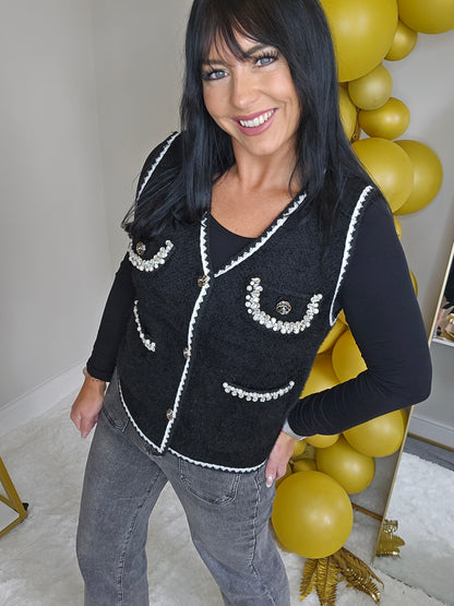 Coco Pearl & Crystals Waistcoat - (One Size, fits from Size 8/10 up to Size 14) - Black/Winter White