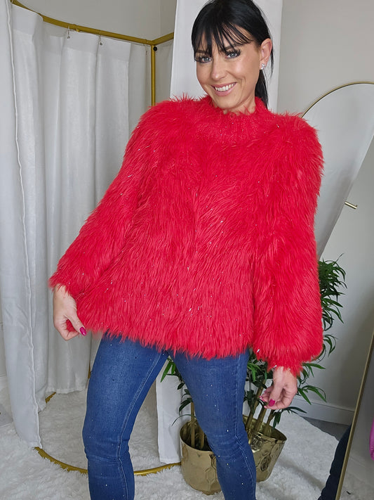 Maddie Metallic Sparkle Fluffy Jumper - Red (One Size/Curvy, fits from Size 10 up to Size 16/18)
