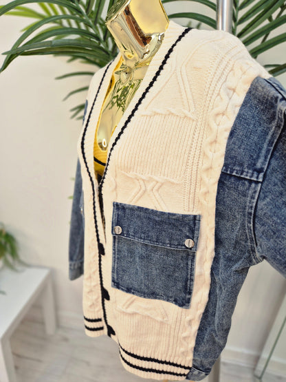 Callie Cable Cardigan with Denim - One Size - fits from Size 12 up to Size 18