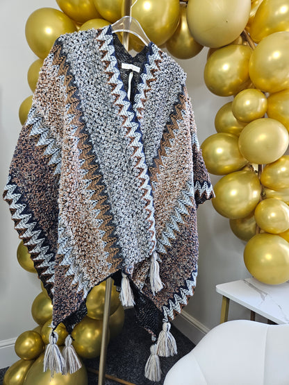 Aztec Poncho with Tassels - Chocolate Multi