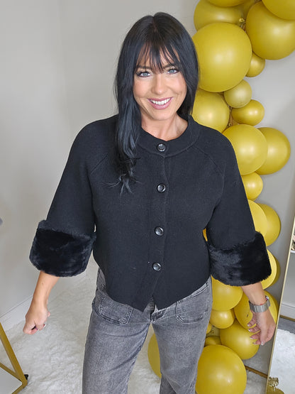 Oslo Faux Fur Sleeve Cardigans - (One Size, fits up to Size 16) Black