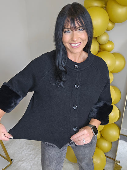 Oslo Faux Fur Sleeve Cardigans - (One Size, fits up to Size 16) Black