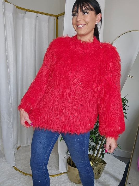 Maddie Metallic Sparkle Fluffy Jumper - Red (One Size/Curvy, fits from Size 10 up to Size 16/18)
