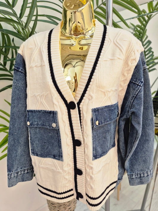 Callie Cable Cardigan with Denim - One Size - fits from Size 12 up to Size 18