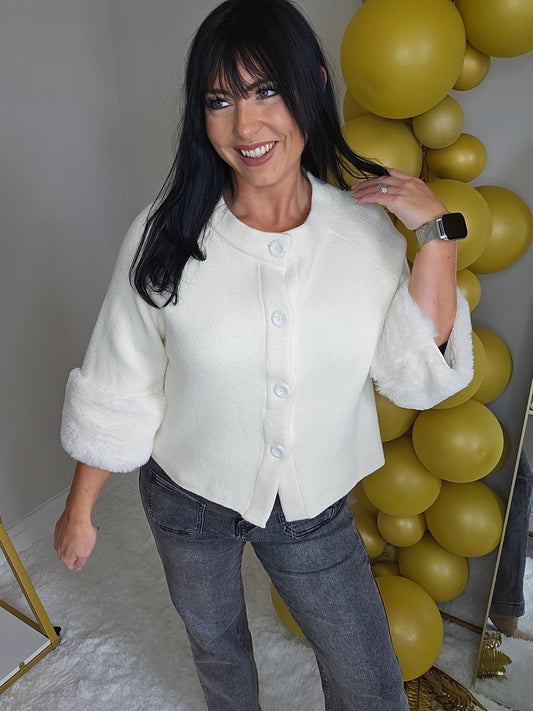 Oslo Faux Fur Sleeve Cardigans - (One Size, fits up to Size 16) Cream