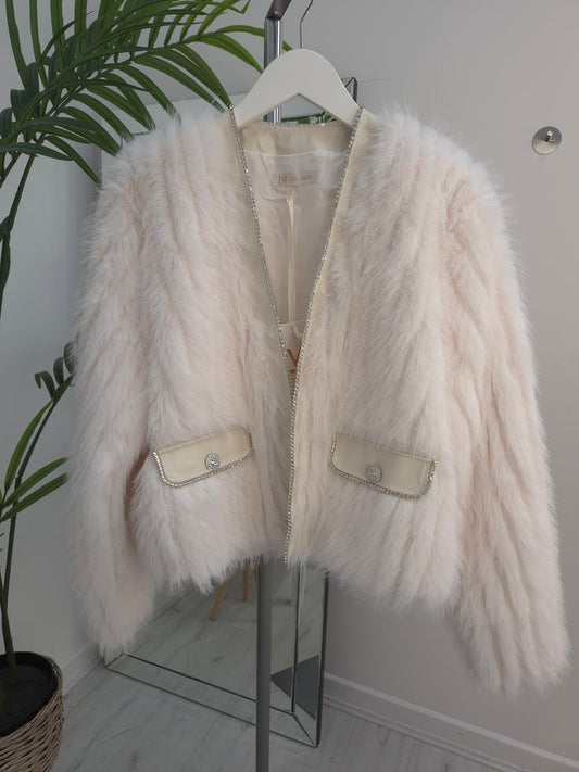 Oslo Crystal Faux Fur Jacket - Winter White - (One Size fits from Size 10 to Size 16)