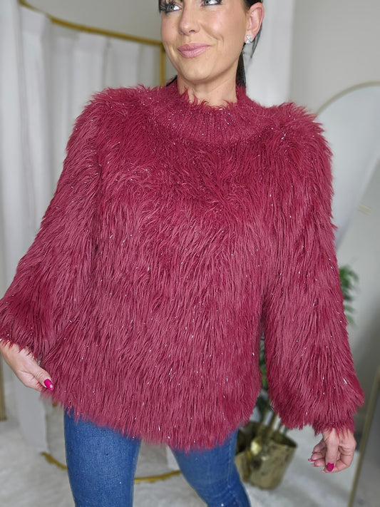 Maddie Metallic Sparkle Fluffy Jumper - Wine (One Size/Curvy, fits from Size 10 up to Size 16/18)