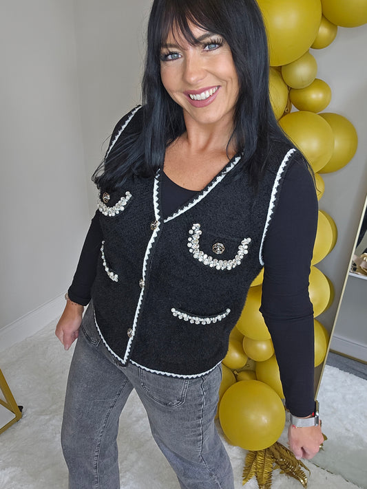 Coco Pearl & Crystals Waistcoat - (One Size, fits from Size 8/10 up to Size 14) - Black/Winter White