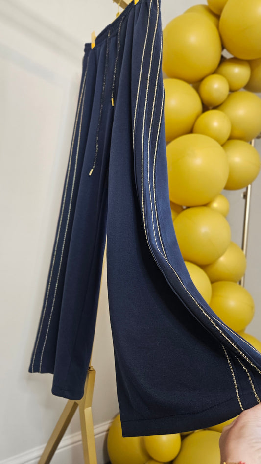 Sassy Metallic Wide Leg Pants - (Navy) - One Size